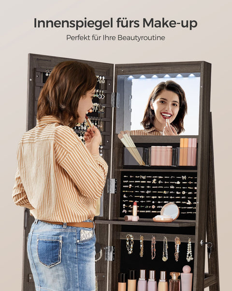 Rootz Jewelry Cabinet - Armoire - Organizer - Full-Length Mirror - 3 Shelves - 40cm x 36cm x 140cm