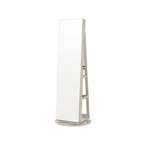 Rootz 360° Rotating Jewelry Cabinet - Mirror Cabinet - Storage Organizer - Easy Assembly - Secure Lock - White with Wood Grain - MDF Steel Velvet Glass - 54.5cm x 54.5cm x 162cm