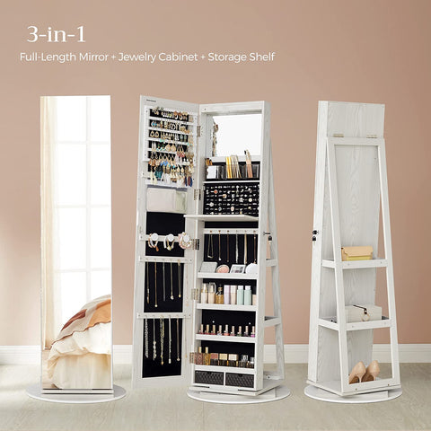 Rootz 360° Rotating Jewelry Cabinet - Mirror Cabinet - Storage Organizer - Easy Assembly - Secure Lock - White with Wood Grain - MDF Steel Velvet Glass - 54.5cm x 54.5cm x 162cm