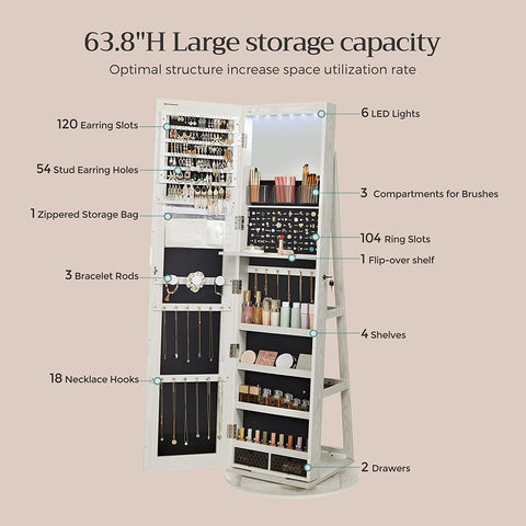 Rootz 360° Rotating Jewelry Cabinet - Mirror Cabinet - Storage Organizer - Easy Assembly - Secure Lock - White with Wood Grain - MDF Steel Velvet Glass - 54.5cm x 54.5cm x 162cm