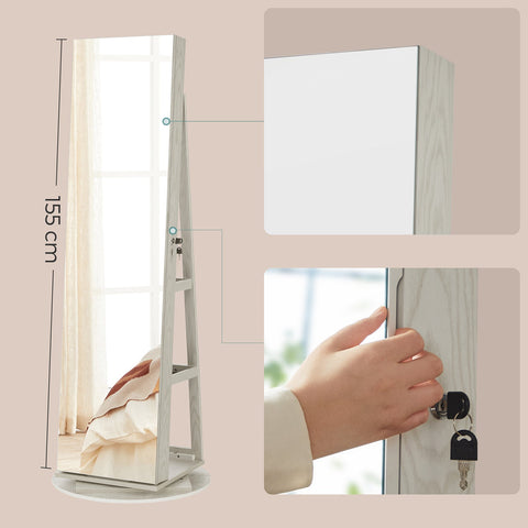 Rootz 360° Rotating Jewelry Cabinet - Mirror Cabinet - Storage Organizer - Easy Assembly - Secure Lock - White with Wood Grain - MDF Steel Velvet Glass - 54.5cm x 54.5cm x 162cm