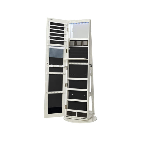 Rootz 360° Rotating Jewelry Cabinet - Mirror Cabinet - Storage Organizer - Easy Assembly - Secure Lock - White with Wood Grain - MDF Steel Velvet Glass - 54.5cm x 54.5cm x 162cm