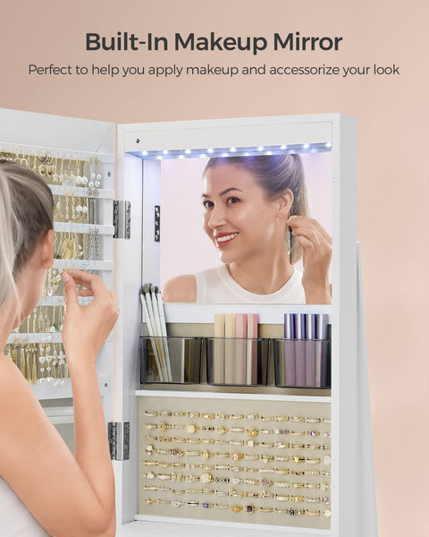 Rootz Jewelry Cabinet - White and Gray - MDF Steel Velvet Glass - Large Storage Capacity - Interior Mirror - Secure Lock - 54.5cm x 54.5cm x 162cm