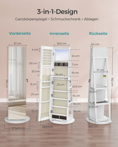 Rootz Jewelry Cabinet - White and Gray - MDF Steel Velvet Glass - Large Storage Capacity - Interior Mirror - Secure Lock - 54.5cm x 54.5cm x 162cm