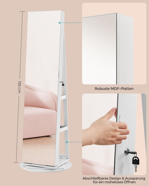 Rootz Jewelry Cabinet - White and Gray - MDF Steel Velvet Glass - Large Storage Capacity - Interior Mirror - Secure Lock - 54.5cm x 54.5cm x 162cm