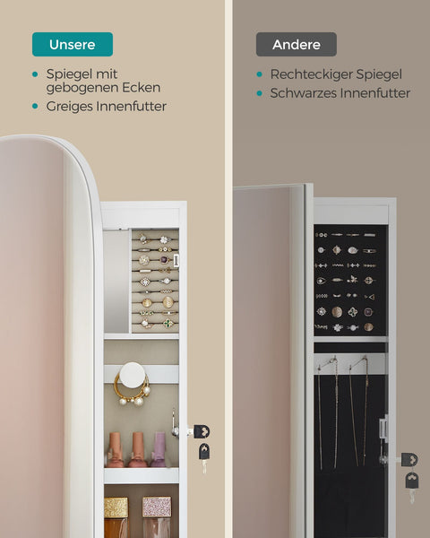 Rootz Jewelry Cabinet - White Velvet Lined Armoire - MDF Glass Organizer - Large Storage Space - Elegant Design - 10cm x 42cm x 108cm