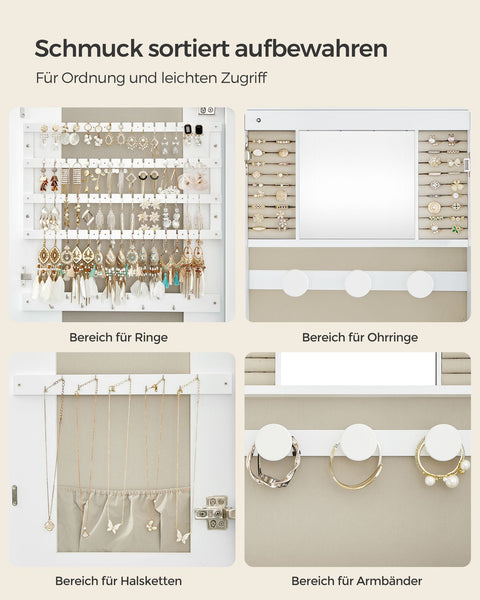 Rootz Jewelry Cabinet - White Velvet Lined Armoire - MDF Glass Organizer - Large Storage Space - Elegant Design - 10cm x 42cm x 108cm
