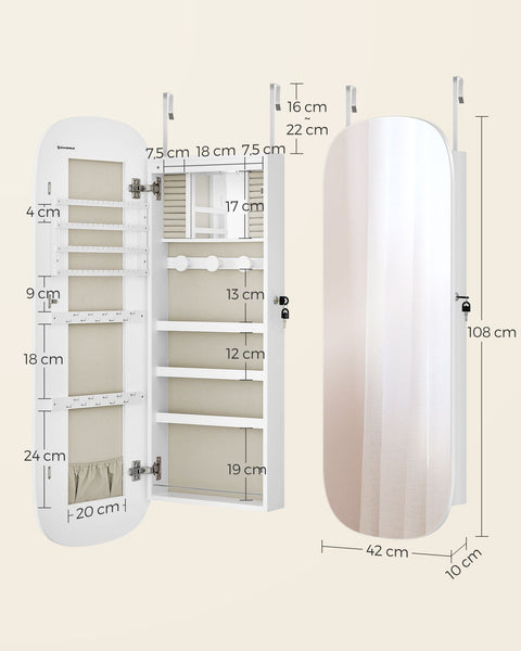 Rootz Jewelry Cabinet - White Velvet Lined Armoire - MDF Glass Organizer - Large Storage Space - Elegant Design - 10cm x 42cm x 108cm