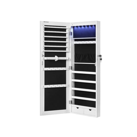 Rootz Hanging Jewelry Cabinet - Wall Mounted Jewelry Armoire - White Jewelry Organizer - MDF Construction - Large Mirror - LED Lighting - Lockable - 37cm x 9.3cm x 108cm