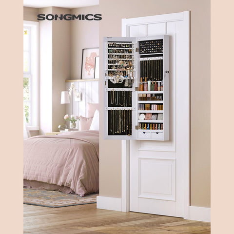 Rootz Hanging Jewelry Cabinet - Wall Mounted Jewelry Armoire - White Jewelry Organizer - MDF Construction - Large Mirror - LED Lighting - Lockable - 37cm x 9.3cm x 108cm