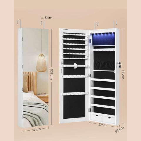 Rootz Hanging Jewelry Cabinet - Wall Mounted Jewelry Armoire - White Jewelry Organizer - MDF Construction - Large Mirror - LED Lighting - Lockable - 37cm x 9.3cm x 108cm