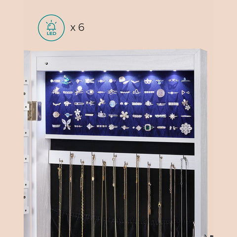 Rootz Hanging Jewelry Cabinet - Wall Mounted Jewelry Armoire - White Jewelry Organizer - MDF Construction - Large Mirror - LED Lighting - Lockable - 37cm x 9.3cm x 108cm
