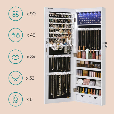 Rootz Hanging Jewelry Cabinet - Wall Mounted Jewelry Armoire - White Jewelry Organizer - MDF Construction - Large Mirror - LED Lighting - Lockable - 37cm x 9.3cm x 108cm