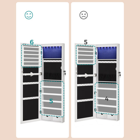 Rootz Hanging Jewelry Cabinet - Wall Mounted Jewelry Armoire - White Jewelry Organizer - MDF Construction - Large Mirror - LED Lighting - Lockable - 37cm x 9.3cm x 108cm