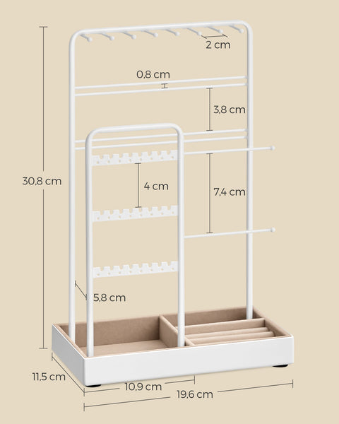 Rootz Jewelry Stand - Metal Frame - Gift Display - Space-Saving - 11.5cm x 19.6cm x 30.8cm - White