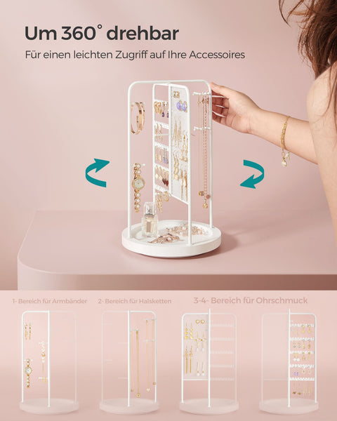 Rootz White Jewelry Stand - Earring Holder - Necklace Organizer - Metal and MDF Construction - Lightweight - Compact Design - 20cm x 20cm x 33.4cm