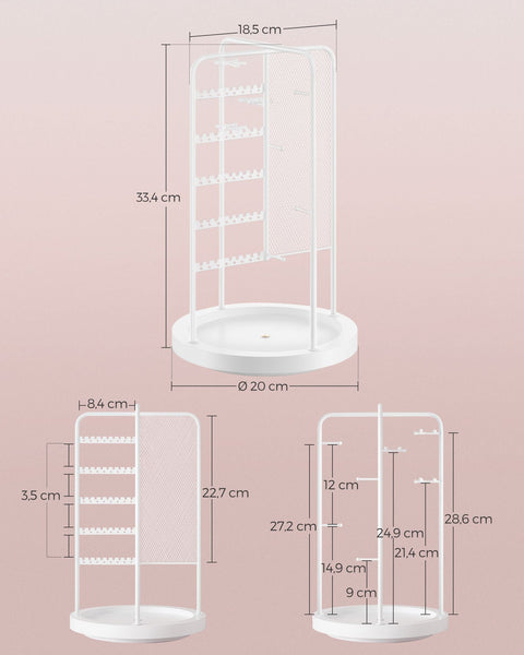Rootz White Jewelry Stand - Earring Holder - Necklace Organizer - Metal and MDF Construction - Lightweight - Compact Design - 20cm x 20cm x 33.4cm