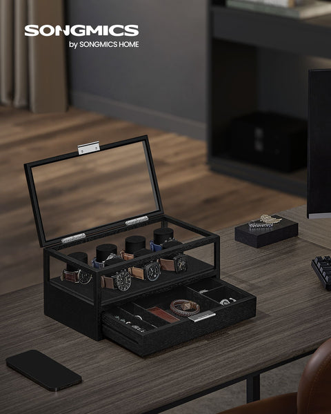 Rootz Watch Box Organizer - Jewelry Storage Case - Wooden Display Stand - Solid Wood Construction - Acrylic Lid - MDF Interior - 18cm x 35.2cm x 16cm - Ink Black - 3kg