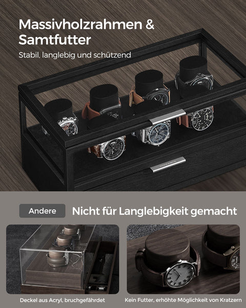 Rootz Watch Box Organizer - Jewelry Storage Case - Wooden Display Stand - Solid Wood Construction - Acrylic Lid - MDF Interior - 18cm x 35.2cm x 16cm - Ink Black - 3kg