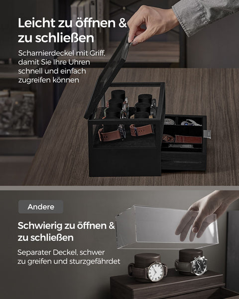 Rootz Watch Box Organizer - Jewelry Storage Case - Wooden Display Stand - Solid Wood Construction - Acrylic Lid - MDF Interior - 18cm x 35.2cm x 16cm - Ink Black - 3kg