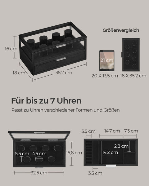 Rootz Watch Box Organizer - Jewelry Storage Case - Wooden Display Stand - Solid Wood Construction - Acrylic Lid - MDF Interior - 18cm x 35.2cm x 16cm - Ink Black - 3kg
