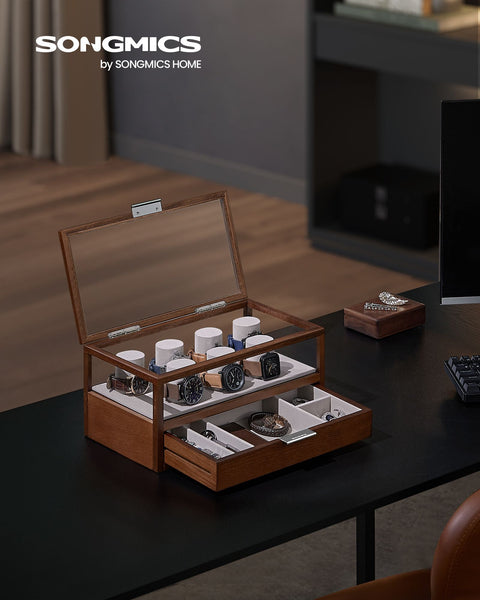 Rootz Coffee Brown Watch Box - Jewelry Organizer - Storage Case - Solid Wood - Acrylic - MDF - Large Capacity - Elegant Design - Protects Watches - 18cm x 35.2cm x 16cm