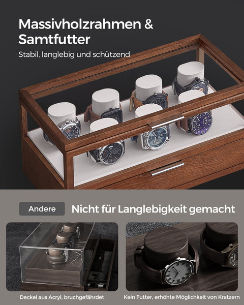 Rootz Coffee Brown Watch Box - Jewelry Organizer - Storage Case - Solid Wood - Acrylic - MDF - Large Capacity - Elegant Design - Protects Watches - 18cm x 35.2cm x 16cm