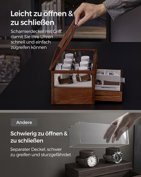 Rootz Coffee Brown Watch Box - Jewelry Organizer - Storage Case - Solid Wood - Acrylic - MDF - Large Capacity - Elegant Design - Protects Watches - 18cm x 35.2cm x 16cm