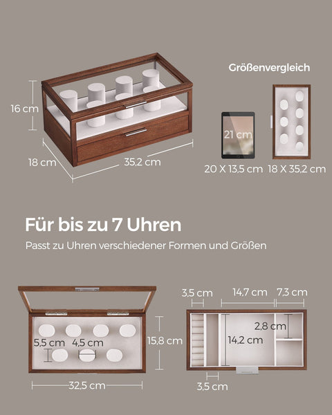 Rootz Coffee Brown Watch Box - Jewelry Organizer - Storage Case - Solid Wood - Acrylic - MDF - Large Capacity - Elegant Design - Protects Watches - 18cm x 35.2cm x 16cm