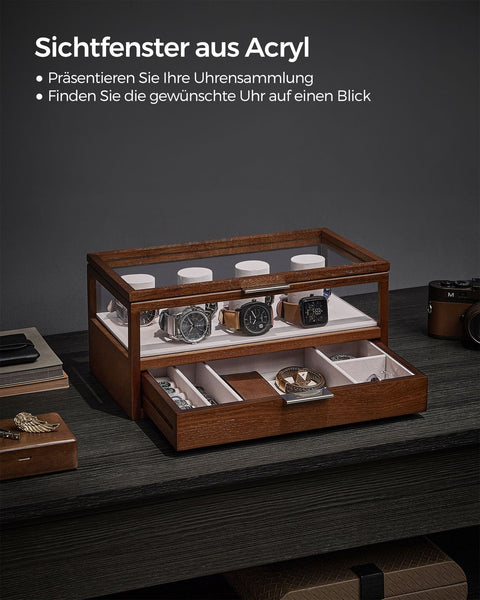 Rootz Coffee Brown Watch Box - Jewelry Organizer - Storage Case - Solid Wood - Acrylic - MDF - Large Capacity - Elegant Design - Protects Watches - 18cm x 35.2cm x 16cm