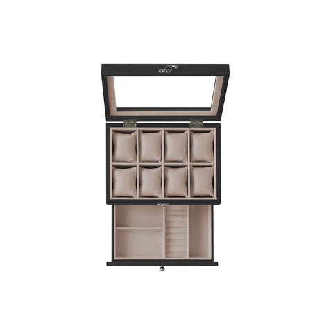 Rootz Ebony Black Watch Box - Jewelry Organizer - Storage Case - Paulownia Wood - Velvet Lining - Glass Lid - 19cm x 27cm x 12.5cm
