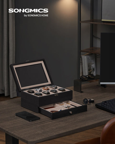 Rootz Ebony Black Watch Box - Jewelry Organizer - Storage Case - Paulownia Wood - Velvet Lining - Glass Lid - 19cm x 27cm x 12.5cm