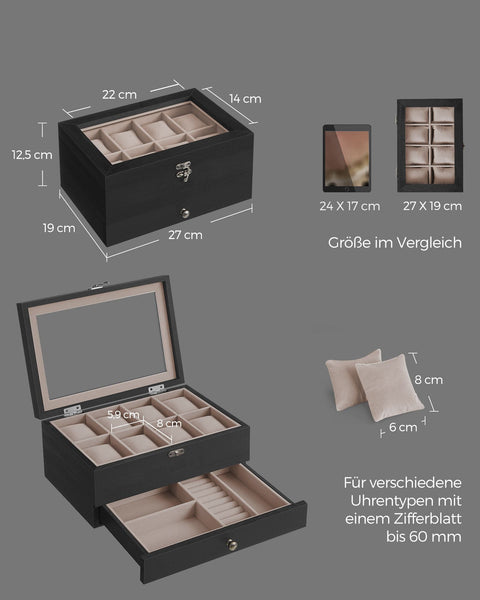 Rootz Ebony Black Watch Box - Jewelry Organizer - Storage Case - Paulownia Wood - Velvet Lining - Glass Lid - 19cm x 27cm x 12.5cm