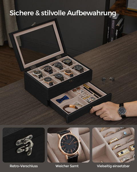 Rootz Ebony Black Watch Box - Jewelry Organizer - Storage Case - Paulownia Wood - Velvet Lining - Glass Lid - 19cm x 27cm x 12.5cm