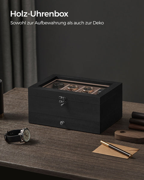 Rootz Ebony Black Watch Box - Jewelry Organizer - Storage Case - Paulownia Wood - Velvet Lining - Glass Lid - 19cm x 27cm x 12.5cm
