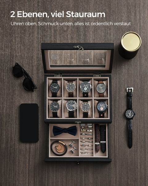 Rootz Ebony Black Watch Box - Jewelry Organizer - Storage Case - Paulownia Wood - Velvet Lining - Glass Lid - 19cm x 27cm x 12.5cm