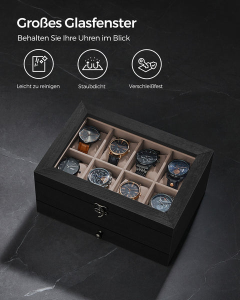 Rootz Ebony Black Watch Box - Jewelry Organizer - Storage Case - Paulownia Wood - Velvet Lining - Glass Lid - 19cm x 27cm x 12.5cm