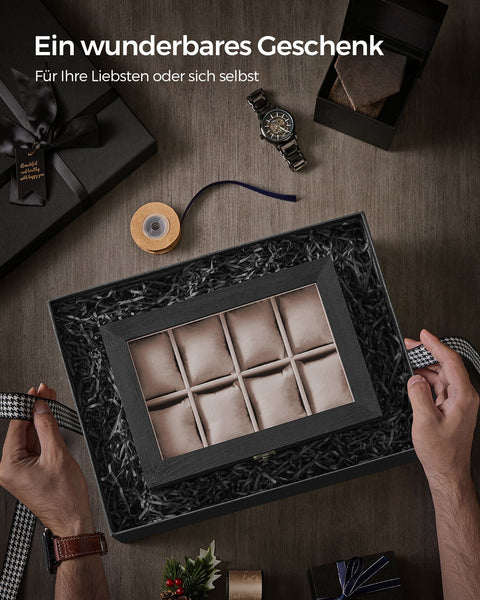 Rootz Ebony Black Watch Box - Jewelry Organizer - Storage Case - Paulownia Wood - Velvet Lining - Glass Lid - 19cm x 27cm x 12.5cm