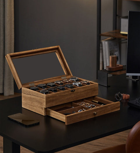 Rootz Wooden Watch Organizer - Watch Storage Case - Watch Display Box - Solid Walnut - 36cm x 20cm x 8.5cm