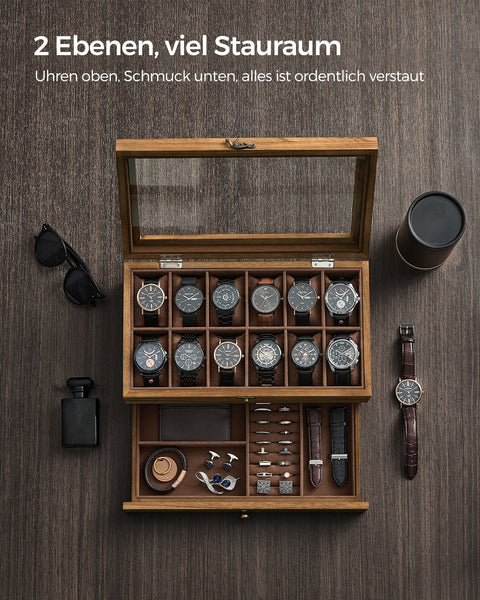 Rootz Wooden Watch Organizer - Watch Storage Case - Watch Display Box - Solid Walnut - 36cm x 20cm x 8.5cm