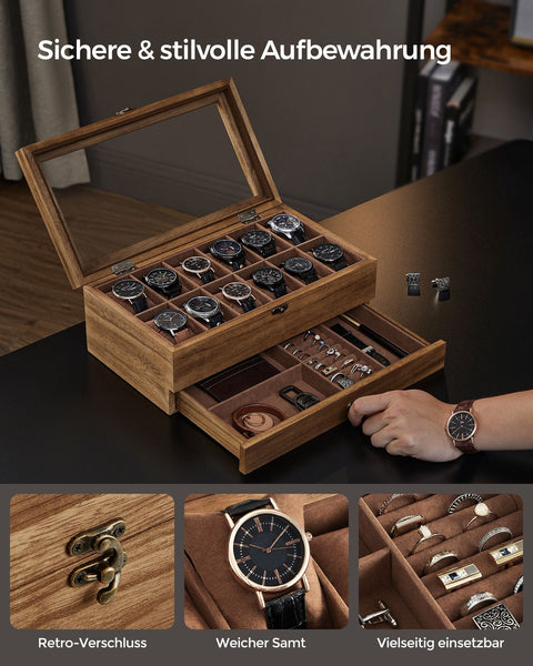 Rootz Wooden Watch Organizer - Watch Storage Case - Watch Display Box - Solid Walnut - 36cm x 20cm x 8.5cm