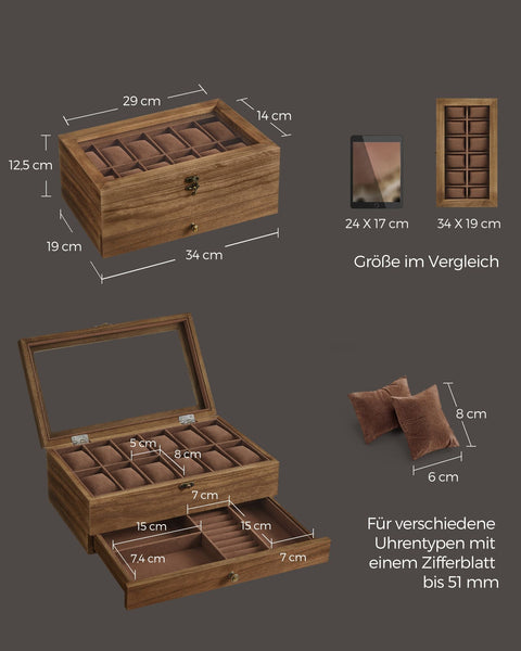 Rootz Wooden Watch Organizer - Watch Storage Case - Watch Display Box - Solid Walnut - 36cm x 20cm x 8.5cm