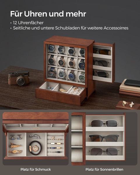 Rootz Watch Box Organizer - Jewelry Storage Case - Display Stand - MDF Velvet Acrylic - Elegant Design - Spacious Compartments - Protective Lid - 15cm x 29.5cm x 32.5cm