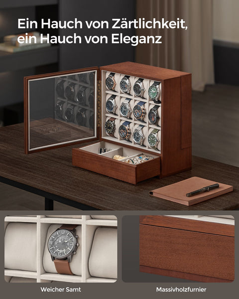 Rootz Watch Box Organizer - Jewelry Storage Case - Display Stand - MDF Velvet Acrylic - Elegant Design - Spacious Compartments - Protective Lid - 15cm x 29.5cm x 32.5cm