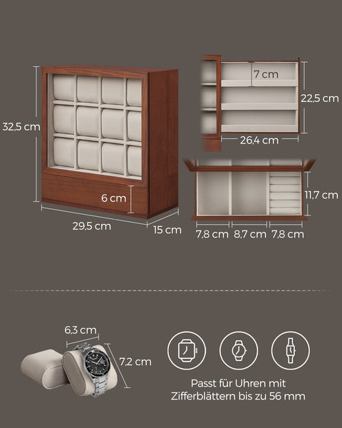 Rootz Watch Box - Storage Organizer - Timepiece Holder - Velvet Interior - 12 Compartments - 15x29.5x32.5cm -  Brown