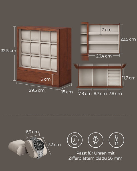 Rootz Watch Box Organizer - Jewelry Storage Case - Display Stand - MDF Velvet Acrylic - Elegant Design - Spacious Compartments - Protective Lid - 15cm x 29.5cm x 32.5cm