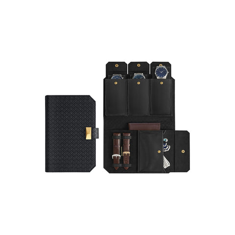 Rootz Ink Black Watch Bag - Travel Case - PU Leather - Portable Storage - 22 x 14.5 x 4.5 cm