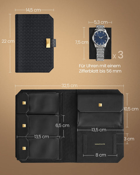 Rootz Ink Black Watch Bag - Travel Case - PU Leather - Portable Storage - 22 x 14.5 x 4.5 cm
