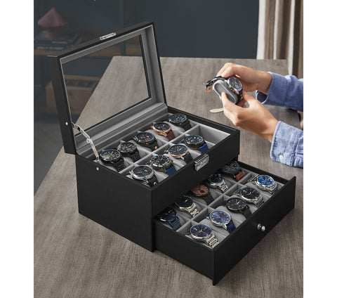 Rootz Elegant Watch Box - Jewelry Organizer - Display Case - Glass Panel - Easy-Care - 28.5cm x 20.5cm x 16cm