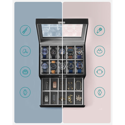 Rootz Elegant Watch Box - Jewelry Organizer - Display Case - Glass Panel - Easy-Care - 28.5cm x 20.5cm x 16cm